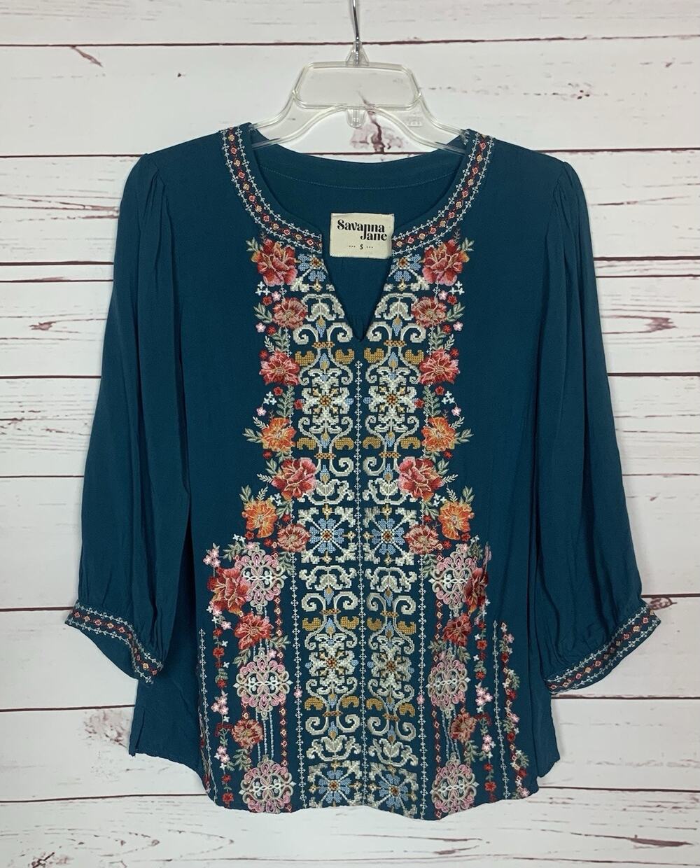 Savanna Jane Teal Blouse with Floral Embroidery